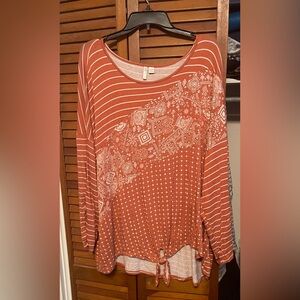 Cato Rust and White Patterned Long Sleeve Top